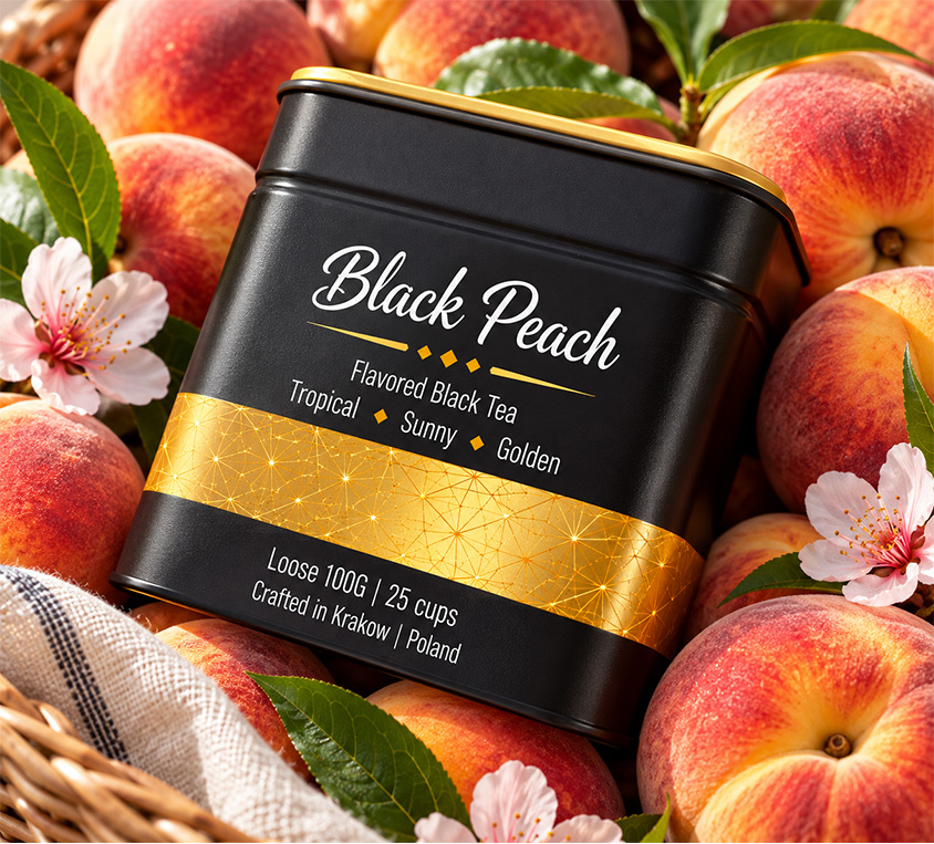 Black Peach Leo Tea – czarna herbata brzoskwiniowa w dużej metalowej puszce na prezent
